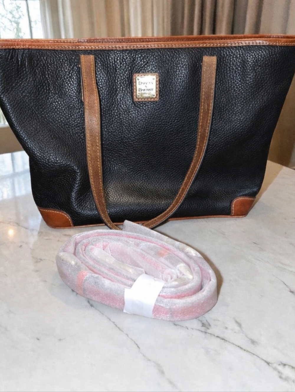 Dooney & Bourke Black Pebbled Leather Tote Brown Trim + NEW Red Leather Strap - Picture 8 of 9